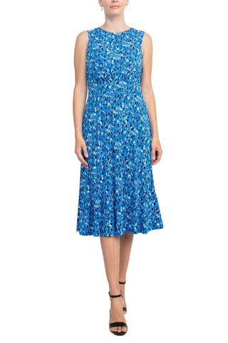 London Times Crew Neck Sleeveless Ruched Front Multi Print Zipper Back Banded Waist Fit & Flare Matte Jersey Dress - Glamourous Grace