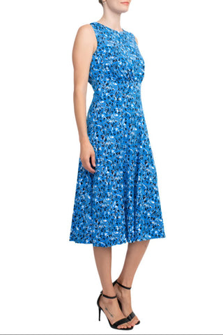 London Times Crew Neck Sleeveless Ruched Front Multi Print Zipper Back Banded Waist Fit & Flare Matte Jersey Dress - Glamourous Grace