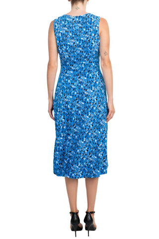 London Times Crew Neck Sleeveless Ruched Front Multi Print Zipper Back Banded Waist Fit & Flare Matte Jersey Dress - Glamourous Grace