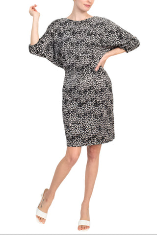 London Times Boat Neck Dolman Elastic Cuff 3/4 Sleeve Blouson Multi Print Crepe Dress - By Baano