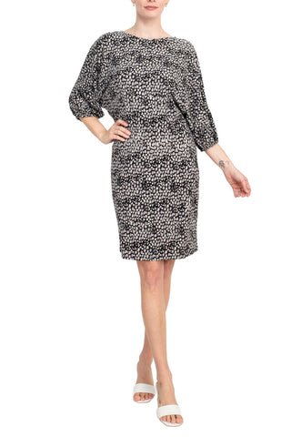 London Times Boat Neck Dolman Elastic Cuff 3/4 Sleeve Blouson Multi Print Crepe Dress - By Baano