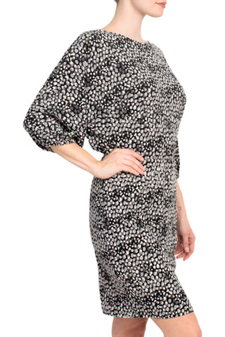 London Times Boat Neck Dolman Elastic Cuff 3/4 Sleeve Blouson Multi Print Crepe Dress - By Baano
