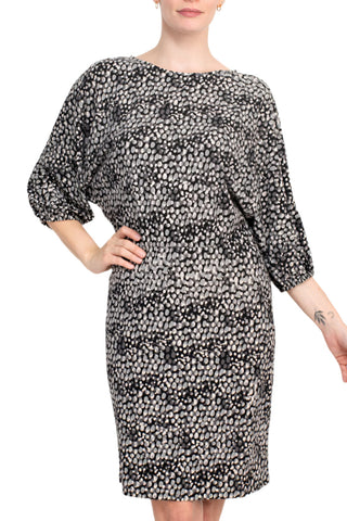 London Times Boat Neck Dolman Elastic Cuff 3/4 Sleeve Blouson Multi Print Crepe Dress - By Baano