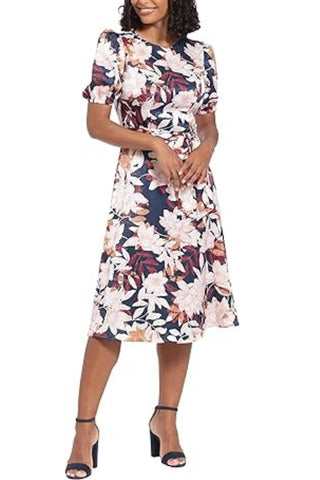 London Times Puff Sleeve Satin Midi Tie Waist Dress - Glamourous Grace