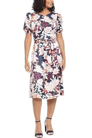 London Times Puff Sleeve Satin Midi Tie Waist Dress - Glamourous Grace