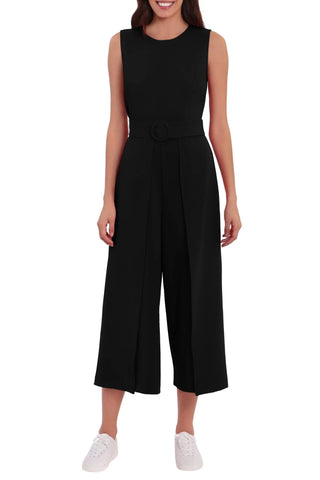 London Times crew neck sleeveless belted solid wide leg stretch crepe jumpsuit - Glamourous Grace