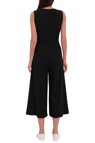 London Times crew neck sleeveless belted solid wide leg stretch crepe jumpsuit - Glamourous Grace