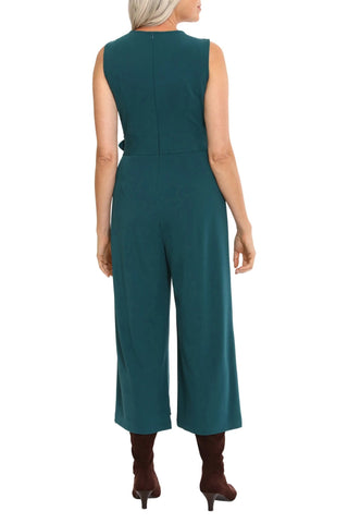 London Times crew neck sleeveless belted solid wide leg stretch crepe jumpsuit - Glamourous Grace