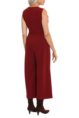 London Times crew neck sleeveless belted solid wide leg stretch crepe jumpsuit - Glamourous Grace