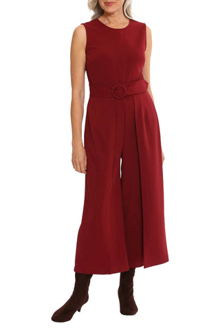 London Times crew neck sleeveless belted solid wide leg stretch crepe jumpsuit - Glamourous Grace