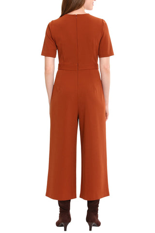 London Times Crew Neck Short Sleeve Zipper Closure Straight Leg Scuba Crepe Jumpsuit - Glamourous Grace