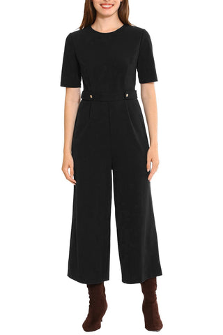London Times Crew Neck Short Sleeve Zipper Closure Straight Leg Scuba Crepe Jumpsuit - Glamourous Grace