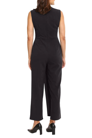 London Times V - Neck Sleeveless Zipper Closure Pleated Front Straight Pants Scuba Crepe Jumpsuit - Glamourous Grace