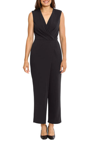 London Times V - Neck Sleeveless Zipper Closure Pleated Front Straight Pants Scuba Crepe Jumpsuit - Glamourous Grace