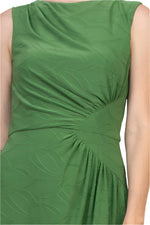 London Times Crew Neckline Sleeveless Ruched Side Textured Leaf Detail Asymmetrical Midi Dress