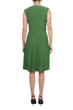 London Times Crew Neckline Sleeveless Ruched Side Textured Leaf Detail Asymmetrical Midi Dress