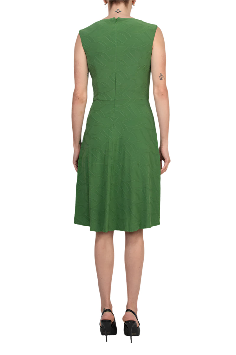 London Times Crew Neckline Sleeveless Ruched Side Textured Leaf Detail Asymmetrical Midi Dress