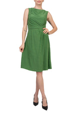 London Times Crew Neckline Sleeveless Ruched Side Textured Leaf Detail Asymmetrical Midi Dress