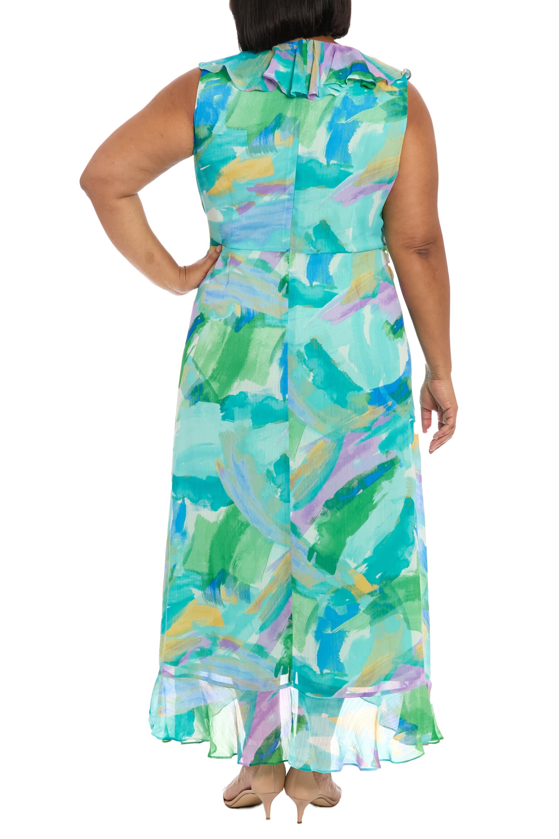 London Times Flattering V-Neckline Flowing Skirt Rosie Maxi Dress (Plus Size)