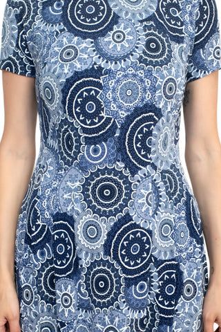 Connected Apparel Round Neck Short Sleeve Pleated Zipper Back Puff Print Fit & Flare Jersey Dress - By Baano