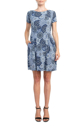 Connected Apparel Round Neck Short Sleeve Pleated Zipper Back Puff Print Fit & Flare Jersey Dress - By Baano
