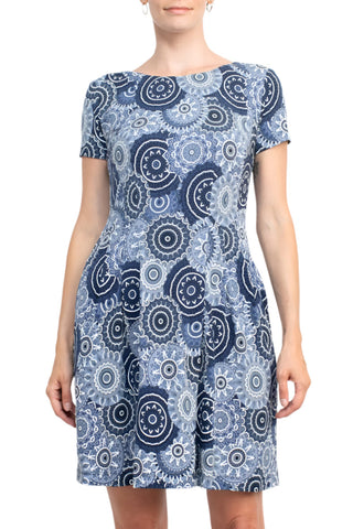Connected Apparel Round Neck Short Sleeve Pleated Zipper Back Puff Print Fit & Flare Jersey Dress - By Baano