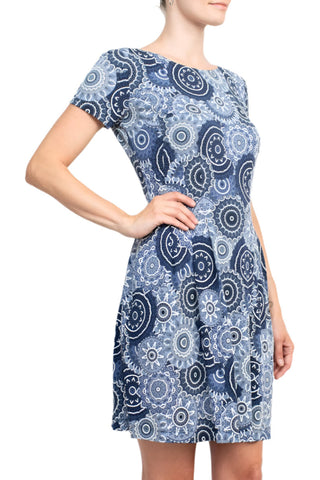 Connected Apparel Round Neck Short Sleeve Pleated Zipper Back Puff Print Fit & Flare Jersey Dress - By Baano