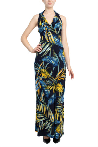 Connected Apparel V-Neck Crossed Shoulder Empire Waist Multi Print Jersey Maxi Dress - By Baano