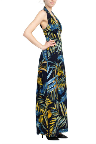Connected Apparel V-Neck Crossed Shoulder Empire Waist Multi Print Jersey Maxi Dress - By Baano