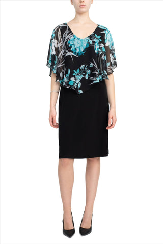 Connected Apparel V - Neck Floral Print Cape Sleeve Chiffon & ITY Dress - Glamourous Grace
