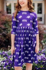 TCU Purple Frog 3/4 Sleeve Pocket Twirl Dress