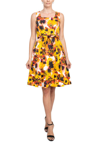 T Tahari Square Neck Sleeveless Zipper Back Tie Waist Multi Print Fit and Flare Crepe Dress - By Baano