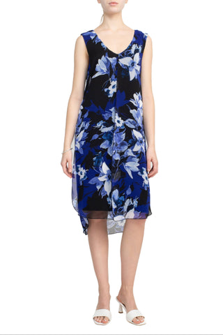 Connected Apparel V-Neck Sleeveless Floral Print Chiffon Overlay Slit Side Dress - By Baano