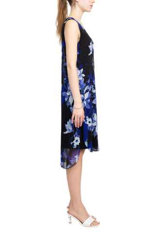 Connected Apparel V-Neck Sleeveless Floral Print Chiffon Overlay Slit Side Dress - By Baano