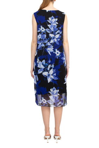 Connected Apparel V-Neck Sleeveless Floral Print Chiffon Overlay Slit Side Dress - By Baano