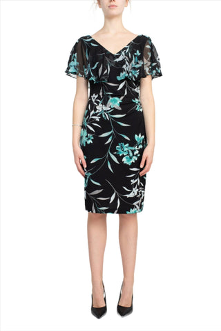 Connected Apparel V - Neck Short Sleeve Floral Print Chiffon Overlay Gathered Side Floral Print ITY Dress - Glamourous Grace