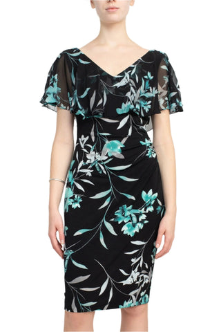 Connected Apparel V - Neck Short Sleeve Floral Print Chiffon Overlay Gathered Side Floral Print ITY Dress - Glamourous Grace