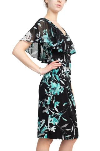 Connected Apparel V - Neck Short Sleeve Floral Print Chiffon Overlay Gathered Side Floral Print ITY Dress - Glamourous Grace