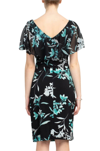 Connected Apparel V - Neck Short Sleeve Floral Print Chiffon Overlay Gathered Side Floral Print ITY Dress - Glamourous Grace