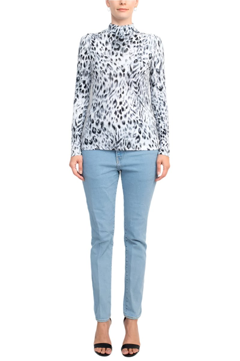 T Tahari High Neck Long Sleeve Animal Print Knit Top - Glamourous Grace