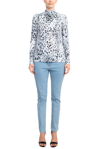 T Tahari High Neck Long Sleeve Animal Print Knit Top - By Baano