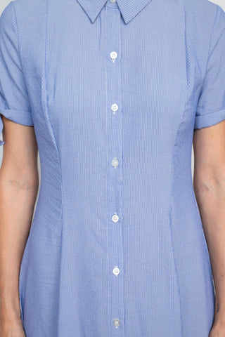 T Tahari Collared Button-down Short Sleeve Ties Stripe Pattern Fit Flare Rayon Dress - By Baano