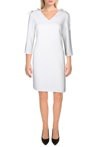 T Tahari V-Neck 3/4 Sleeve Ribbon Shoulder Solid Polyester Dress - By Baano