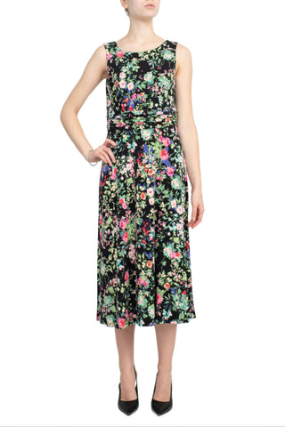 Connected Apparel Boat Neck Sleeveless Ruched Waist Floral Print Fit & Flare Jersey Dress - Glamourous Grace