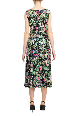 Connected Apparel Boat Neck Sleeveless Ruched Waist Floral Print Fit & Flare Jersey Dress - Glamourous Grace