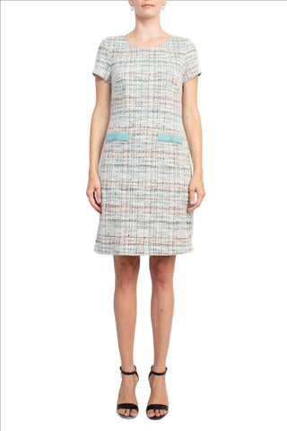 Connected Apparel Scoop Neck Short Sleeve Faux Pockets Shift Knit Dress - By Baano