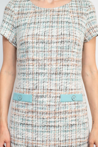 Connected Apparel Scoop Neck Short Sleeve Faux Pockets Shift Knit Dress - By Baano