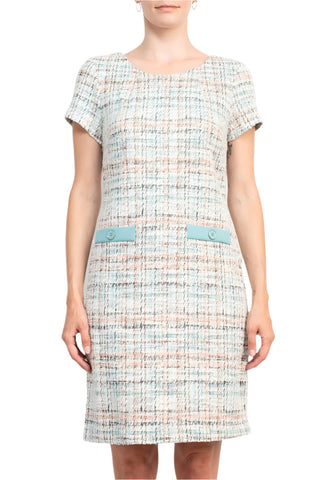Connected Apparel Scoop Neck Short Sleeve Faux Pockets Shift Knit Dress - By Baano