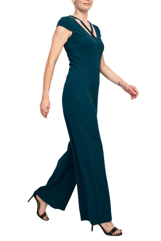 Connected Apparel Banded V-Neck Short Zipper Closure Solid Crepe Jumpsuit - By Baano