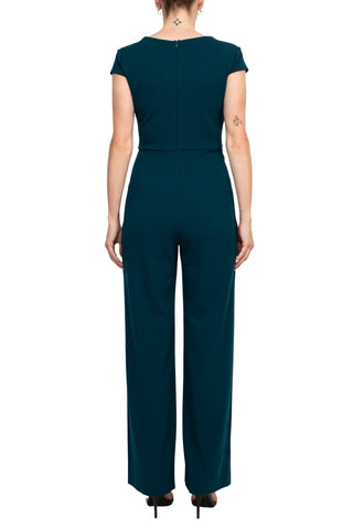 Connected Apparel Banded V-Neck Short Zipper Closure Solid Crepe Jumpsuit - By Baano